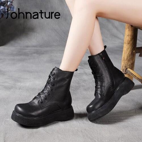 Johnature Genuine Leather Zip Shoes Women Boots Round Toe Retro 2021 New Autumn Winter Comfortable Handmade Platform Boots