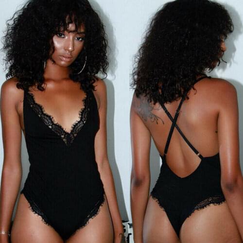 Women Ladies Sexy Sleeveless V Neck Backless Cross Strap Lace Black Slim Sling Bodysuits Lingerie Underwear Swim Body Suits