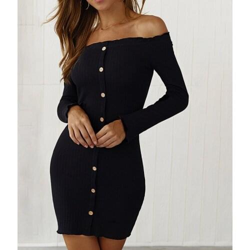 NORMOV Women Knitted Dress Autumn Slash Neck Longsleeve Button Cotton Bodycon Sweater Dress Sexy Sheath Dress Femme Robe