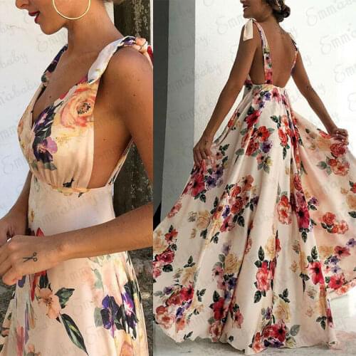 Elegant Lady Summer Boho Floral Sleeveless V-Neck Backless Vintage Long Maxi Dress Woman Party Evening Summer Beach Sundress