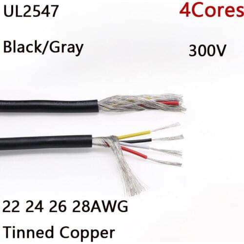 4Cores Black/Gray UL2547 PVC Control Cable Shielded Wire 22 24 26 28AWG Tinned Copper 300V