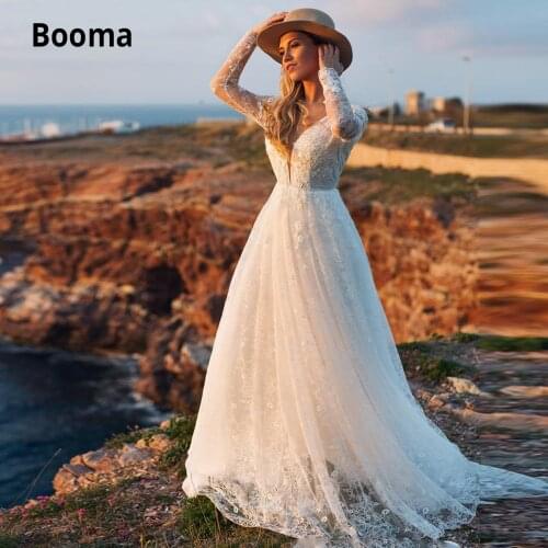 Booma Elegant Lace Wedding Dresses Boho Long Sleeve Tulle Bridal Gown A-line Beach Wedding Gowns Bohemia Princess Party Dress