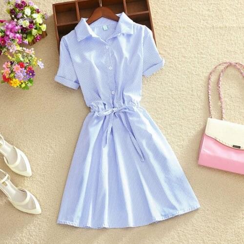 Elegant Office Ladies Dress Summer Dress Shirt Blue Stripped Belt Dress Turn V Collar Wear To Work Shirts Women Dresses