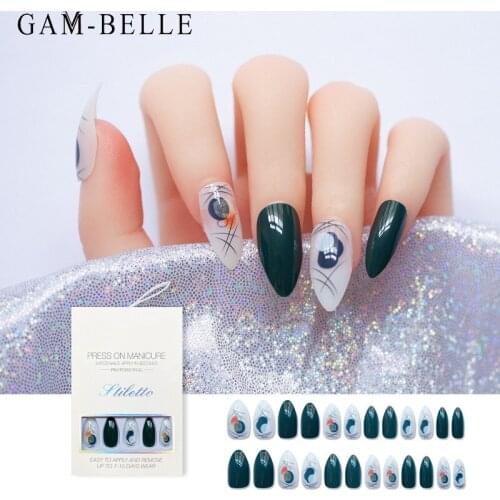 GAM-BELLE 24Pcs Geometric Pattern Fake Nails Dark Green Long Almond Full Cover Artificial Nail Tips DIY Manicure Press On Nails