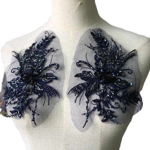 19*13cm Pearl Beaded Lace Applique With Sequins Embroidery Mesh Lace Trim beading Hot Sale One Pair