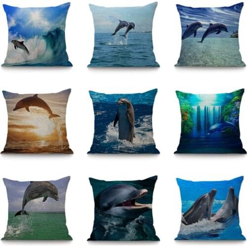 Linen Cotton Cute Dolphin Cushion Cover Cartoon Picture Printed Pillow Case for Chair Sofa Bed Decoration Pillowcase Home Decor