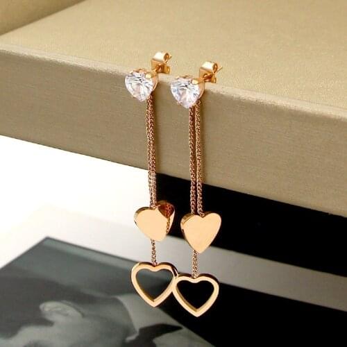 Fashion crystal peach heart tassel long double earrings helix titanium steel rose gold heart-shaped earrings jewelry wholesa 302