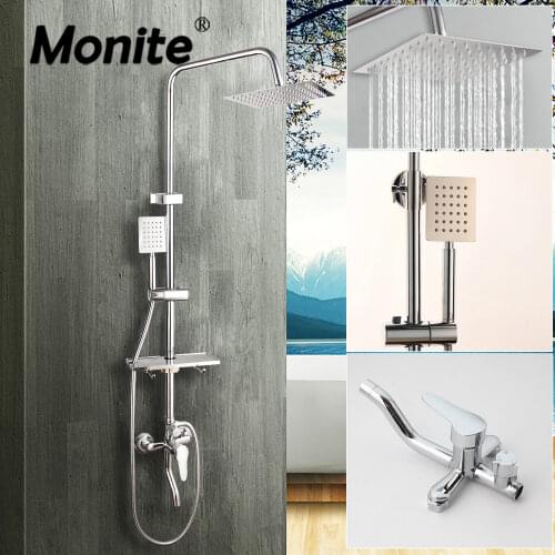 Monite Chrome Polish Shower Faucet Bathroom 8 Inch Rainfall Wall Mounted Shower Set Mixer Faucet Adjust Height Handheld Function