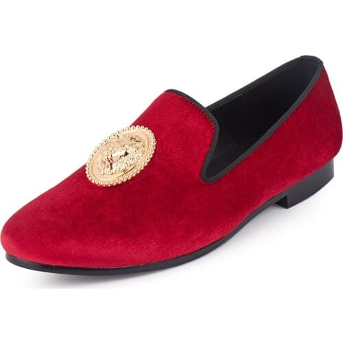 Harpelunde Men Dress Shoes With Lion Buckle Red Velvet Slippers Handmade Loafer Shoes Size 6-14