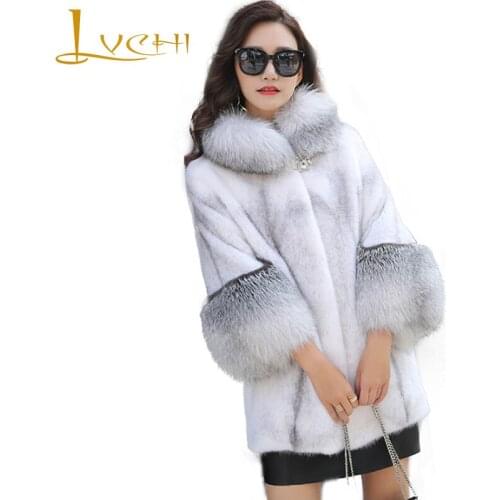 LVCHI Winter 2019 Import Silver Cross Mink Fur Coats Womens With Fox Fur Collar Coat Full Pelt Causal With Hat Loss Mink Coats