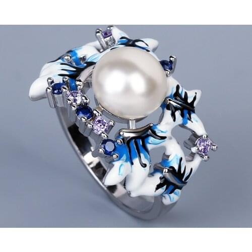 2021 New 925 Silver Rings For Women Freshwater Pearl Ring Blue Flower Womens Ring Exquisite Handmade Enamel Jewelry