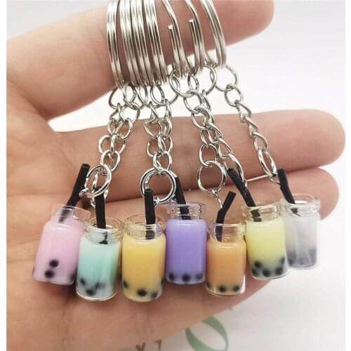 New Keychain Cartoon Cat Car Keychain Mini Milk Tea Cup Liquid Crystal Quicksand Sequin Key Ring Bag Pendant for Women