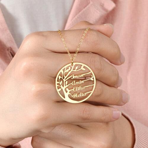 MumuXing Ladies Stainless steel Tree Of Life Necklace Custom Multi-Name Family Tree Round Pendant Necklace Family Nameplate Gift