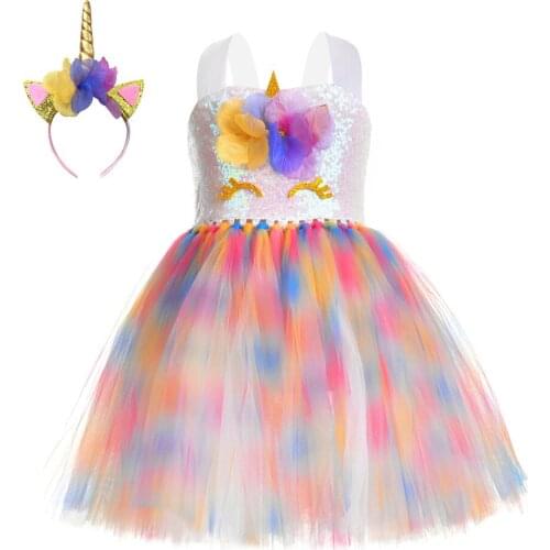 Pastel Unicorn Dress For Girls Birthday Party Outfit Baby Girl Tulle Princess Tutu Dress Kids Halloween Carnival Unicorn Costume