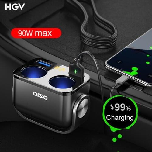 HGV Cigarette Lighter Splitter 2.4A 90W Dual USB QC3.0 Car Charger Adapter for Phone Car-Charger Auto Cigarette Lighter Charging