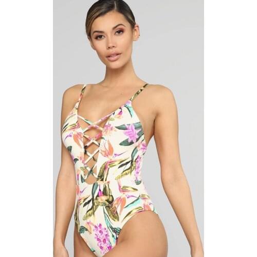 Sexy Hollow Out Swimwear One Piece Bathing Suit Floral Print Monokini Plunge Bodysuit Deep V Neck Beachwear Trikini Swim Wear