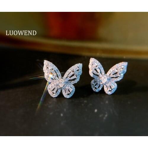 LUOWEND Real 18K Solid White Gold Stud Earrings Female Best Gift Diamond Earring Engagement Party Jewelry Animal Butterfly