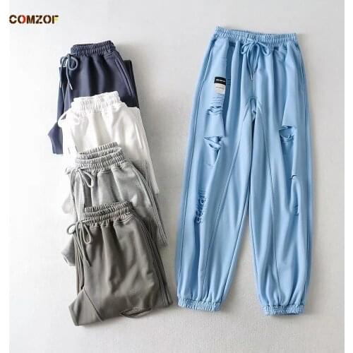 High Street Women Joggers Hole Pants INS High Waist Autumn Sweatpants Loose Jogging Trousers Hiphop Harajuku штаны женские