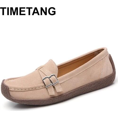 TIMETANG Womens Shoes Flat Loafers Loafers Oxfords Boat Casual Genuine Leather Woman Black Leather ShoesE050