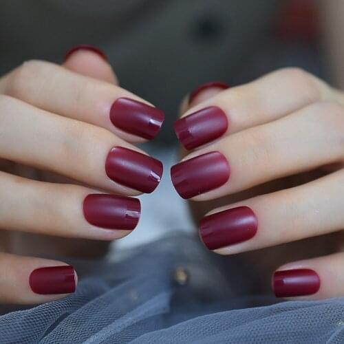 Wine Red French Nail Matte Square Solid Color Adult Artificial Fake Nails Medium Simple DIY Acrylic Nail Tips 24pcs