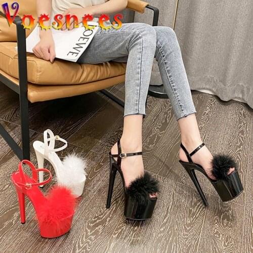 Voesnees Women Sandals 2021 New Walking Show Model High Heel Shoes17CM Fur Sandals Summer Sexy Nightclub Party Wedding Stiletto