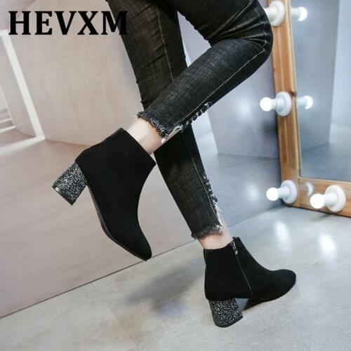 2020 New Winter Womens Boots Fashion Zipper Mid-Heel Square-Heel Ankle Boots Square Head Thick Heel Booties Zapatos De Mujer