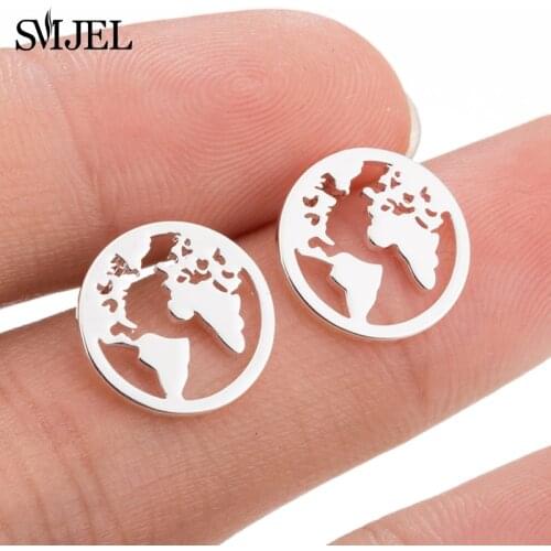 SMJEL bijou Stainless Steel Map World Earrings for Women Men Jewelry Gifts for Travelers Round Earring Stud Ear Piercing