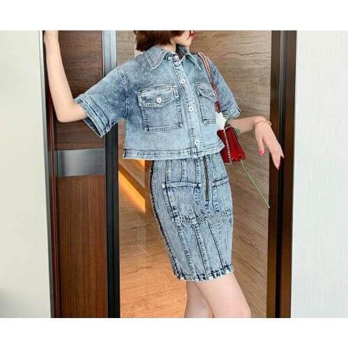 New HIGH QUALITY 2021 Summer Fashion Designer Suit Set Womens Turn-Down Collar Stars Rivet Short Jacket Mini Demin Skirt Set