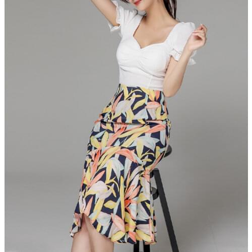 New arrival fashion slim sets for women summer elegant office lady temperament trend print skirt and top white two piece sets