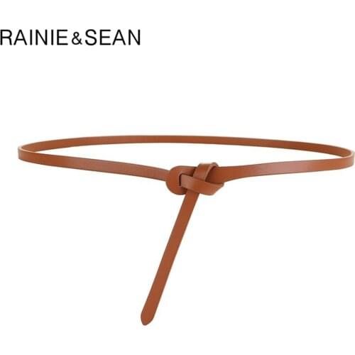RAINIE SEAN Knot Women Belt Cowskin Leather Thin Ladies Belt for Dress Quality Second Layer Cow Skin Strap Female Waist Belt