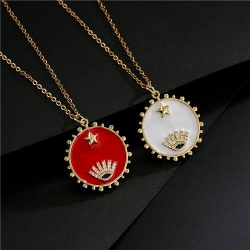 NEWBUY Brand 2021 New Arrival Red/White Oil Dripping Pendant Necklace Gold Chain Copper CZ Evil Eye Lucky Jewelry Femme Bijoux