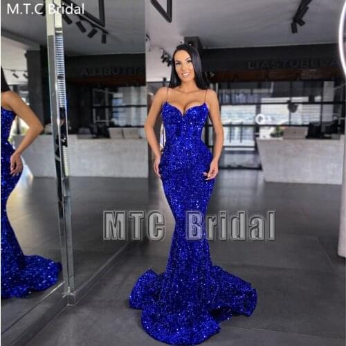 Royal Blue Mermaid Evening Dress Sparkly Sweetheart Sequin Long Prom Party Dresses Sexy Women Pageant Gowns Robe De Soiree