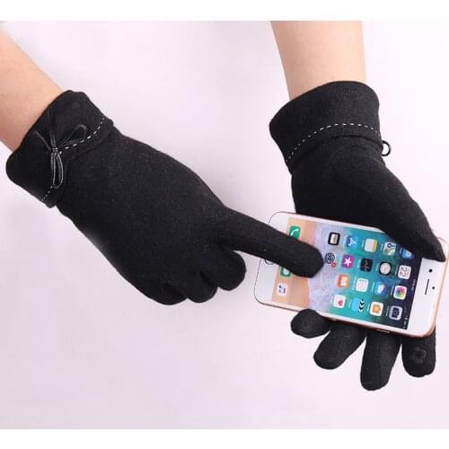 Winter Women Plush Inside Warm Cashmere Full Finger Leather Bow Embroidery Gloves Female Wool Touch Screen Cycling Gloves I7