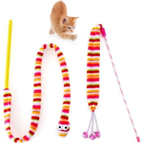 2PCS Cat Toy Cat Teaser Wand Cartoon Snake Pom Pom Cat Teaser Toy Cat Interactive Toy