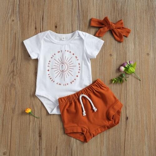 Summer Infant Short Sleeve Bodysuit + Shorts + Headband Sun Moon Stars Print Concealed Bottom Button 3PCS Set