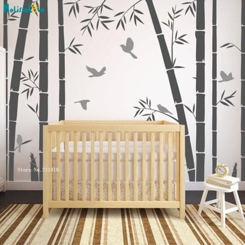 Bamboo Forest Kids Wall Stickers With Birds Stalk Tree Decals Nursery Décor Living Room Self-adhesive Poster Handmade YT4989
