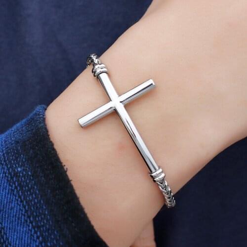 8.26'' stainless steel Link Chain jewelry Silver color Simple titanium steel religious cross ID Bracelet bangle for women mens