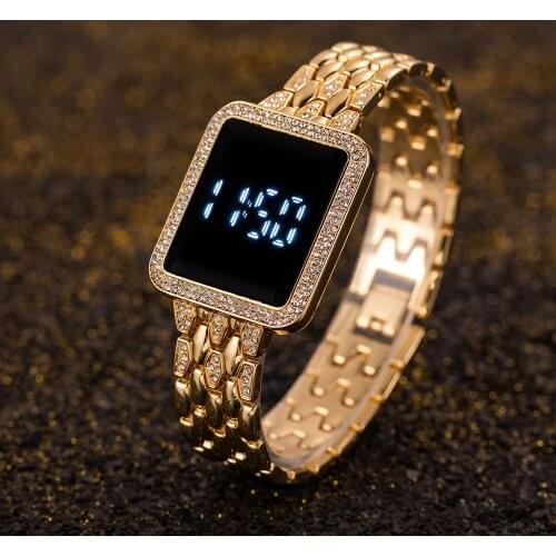 Touch Screen LED Digital Womens Watches Stainless Steel Butterfly Clasp Rectangle Dial Metal Strap Waterbrick Female Wristwatch