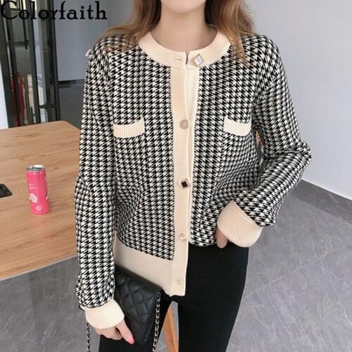 Colorfaith 2020 Autumn Winter Womens Knitwear Knitted Button Cardigans Plaid Oversize Elegant Checkered Lady Sweaters SWC8232