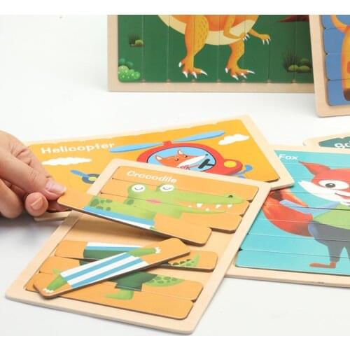 Kids Wooden Double-sided Puzzles Montessori Toy Animal Strip 3D Puzzle Telling Stories Stacking Jigsaw Educational Learning Toys