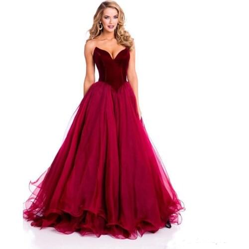 Elegant Strapless Velvet And Tulle Floor Length Burgundy Prom Dresses 2020 Long Formal Evening Dress For Women Prom Gown