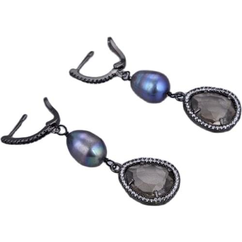 GG Jewelry Natural Black Rice Pearl Smoky Quartz Crystal Earrings For Women