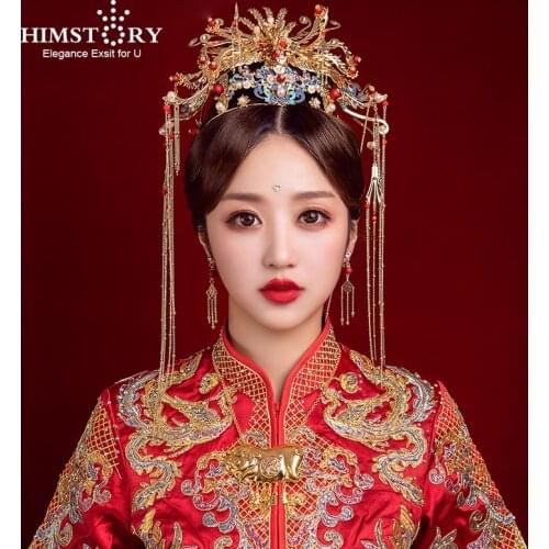 HIMSTORY Gold Chinese Traditional Phoenix Headdress Tassel Earring Step Shake Tiara Crown Bridal Bride Wedding Hair Jewelry