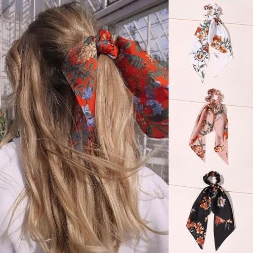 Fashion Streamers Ponytail Scarf Elastic Hair Rope for Women Girls Flower Print Ribbon Hair Bow Ties Scrunchies Sweet Hairbands
