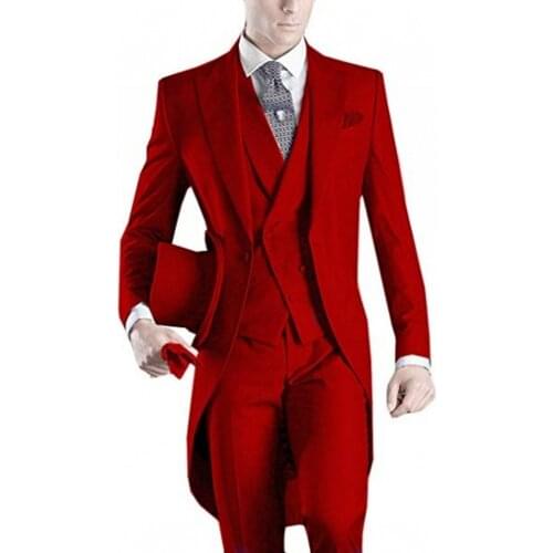 Morning Style Men Suits Red Groom Tuxedos Peak Lapel Groomsmen Wedding Bridegroom 3 Pieces ( Jacket+Pants+Vest+Tie ) D109