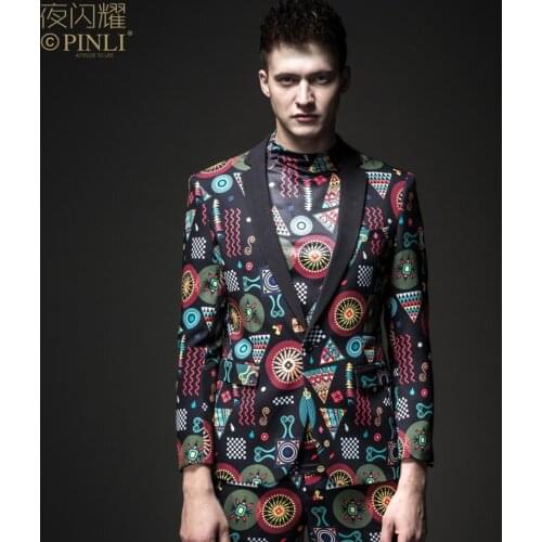 Free Shipping mens male casual printed suit blazer BY183106067 and cropped pants BY183115069 and t shirt BY183111068 3 pcs set