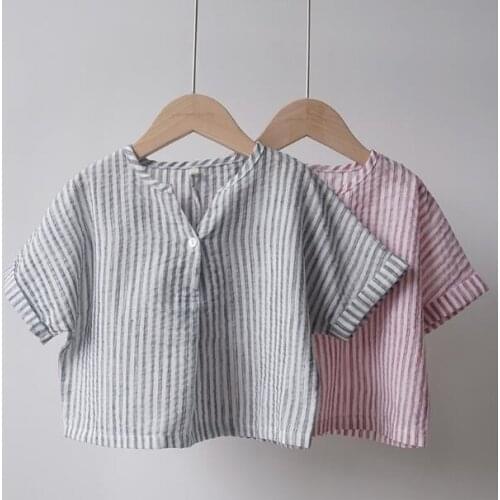 2021 new girls boys striped shirt cotton summer short sleeve kids top