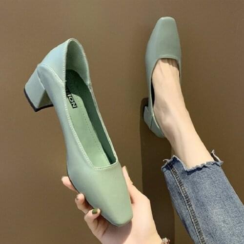 2021 spring and autumn new womens mid-heel shoes shallow mouth square toe fashionable all-match high heels