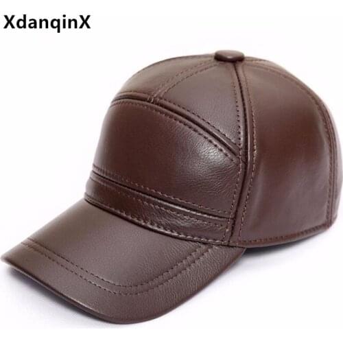 New Winter Mens Cap Natural Genuine Leather Hat Cowhide Leather Baseball Caps Snapback Cap Adjustable Size Men Warm Winter Hats