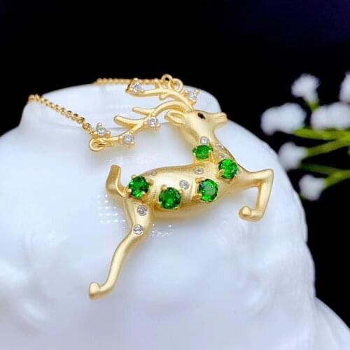 Deer for u sytle natural diopside gem necklace for women jewelry real 925 silver gold plated natural gem girl birthday gift